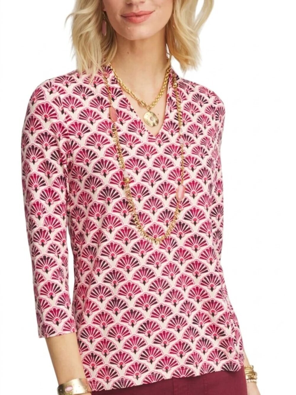 Chico's Touch of Cool Geo Print Tee Size 0 S Pink V-Neck 3/4 Sleeve Stretch NWT